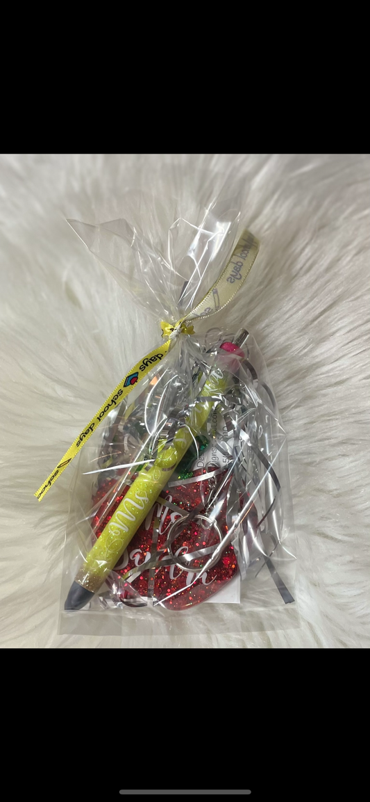 Pencil pen and apple keychain